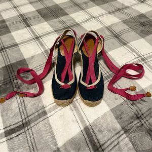 EUC J. Crew Navy Lace Up Espadrille Wedges, Size 6